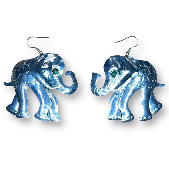 Hand Crafted Earrings Drop Style Elephant Engraved Metal with Glass Green Jewel - Picture 2 of 6